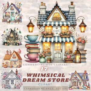 Set di clipart di Whimsical Dream Store - 17 illustrazioni di negozi Cottagecore - Grafica magica per bar e negozi per uso fai da te e commerciale