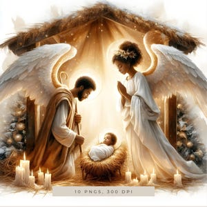 May include: Digital illustration of a nativity scene with angels, a baby in a manger, and figures in robes. The image has a warm, golden color palette, with soft lighting and a peaceful atmosphere. Text at the bottom reads "10 PNGS, 300 DPI."