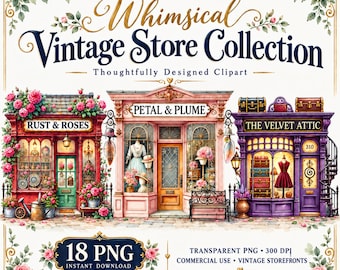 Storefront Clipart Bundle, Vintage Shop Clipart, Boutique Store PNG, Bakery Storefront, Retail Shop Graphics, Commercial Use