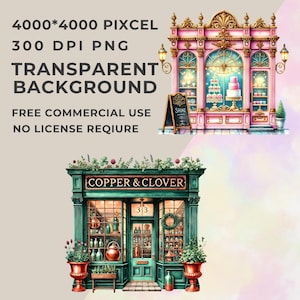 Two whimsical vintage storefront cliparts displayed with product details. High-resolution 4000x4000 pixel PNG files with transparent backgrounds, 300 DPI. Free for commercial use, ideal for digital and print projects without a license.