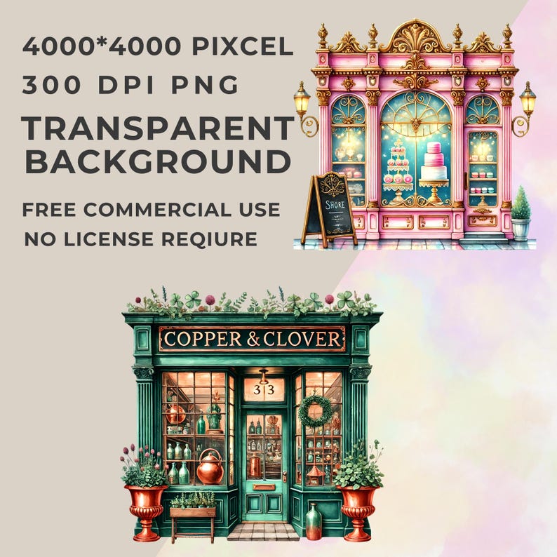 Two whimsical vintage storefront cliparts displayed with product details. High-resolution 4000x4000 pixel PNG files with transparent backgrounds, 300 DPI. Free for commercial use, ideal for digital and print projects without a license.