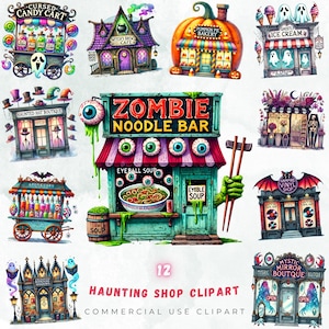 幽霊の出るハロウィンショップのクリップアート バンドル、不気味なブティックのクリップアート、ゾンビ ヌードル バー、ゴースト カフェ、魔女のベーカリーの商業 PNG