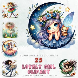 Paquete de 25 imágenes prediseñadas de chicas encantadoras, princesas de hadas, chicas lindas, PNG transparente, uso comercial, arte de fantasía, alta calidad, 300 DPI, descarga instantánea