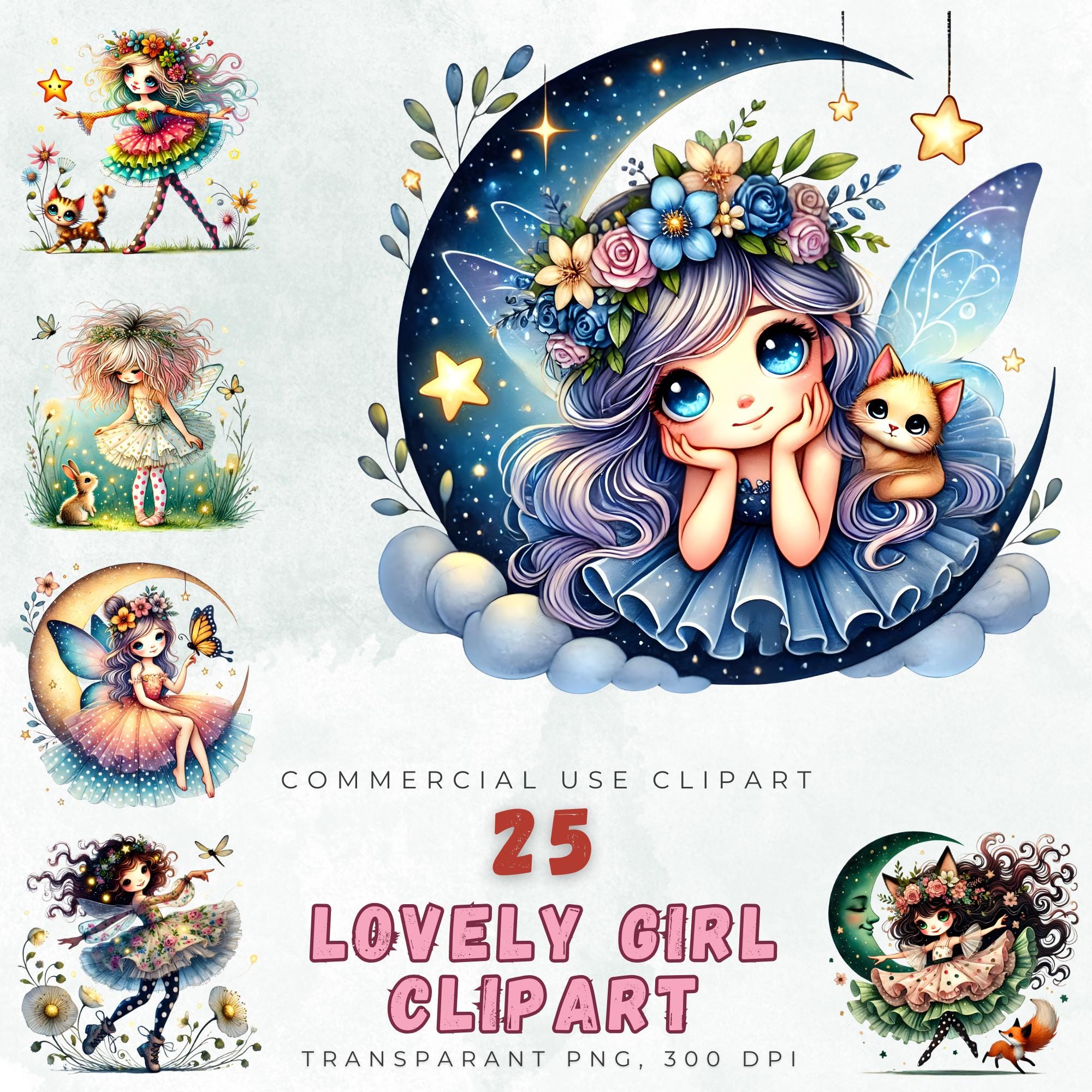 25 Schöne Mädchen Clipart Bundle Fee Prinzessin süße Mädchen Transparent PNG Kommerzielle Nutzung Fantasy Kunst Hohe Qualität 300 DPI Sofort Download