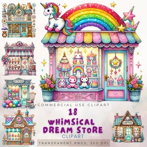 Ensemble de cliparts fantaisiste de magasin de rêve, 18 illustrations de boutique mignonne, PNG de vitrine kawaii, clipart licorne arc-en-ciel, usage Commercial, 300 DPI