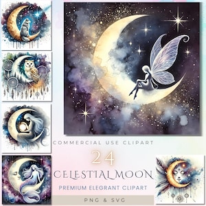 Celestial Moon clipartset, Fantasy Moon and Stars PNG, Fairy Moon digitale kunst, mystieke nachtelijke hemel graphics, aquarel maan illustraties