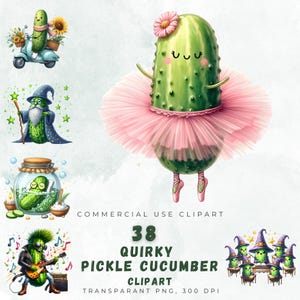 38 Clipart di cetrioli sottaceto stravaganti / PNG divertenti di cetrioli sottaceto / 300 DPI trasparenti / Cetriolo danzante / Cetriolo mago / Arte di cetrioli rocker