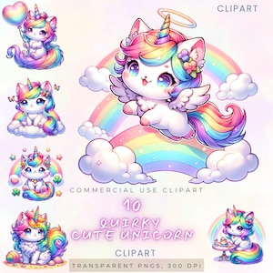 Bundle de cliparts chat licorne kawaii, arc-en-ciel de licorne, pack d'autocollants imprimables mignons, clipart animaux pastel, usage commercial, transparent 300 DPI