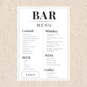 Modelo de cardápio de bar para impressão, design de cardápio editável de coquetéis, uísques, cervejas, vinhos e cafés para restaurante ou evento, bebida exclusiva minimalista