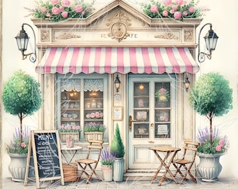 Vintage French Cafe Art Print, Shabby Chic Pastel Illustration (Digital Download)