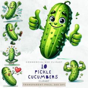 Essiggurken-Clipart-Set - 10 niedliche transparente PNGs, lustige Comic-Gurkengrafiken für digitale Projekte, kommerzielle Nutzung, 300 DPI