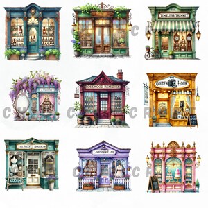 A second set of nine whimsical vintage shop cliparts, showcasing charming storefronts like apothecaries, bakeries, and bookstores. Hand-painted watercolor style with intricate details. Perfect for commercial use, scrapbooking, and design.