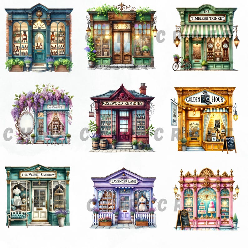 A second set of nine whimsical vintage shop cliparts, showcasing charming storefronts like apothecaries, bakeries, and bookstores. Hand-painted watercolor style with intricate details. Perfect for commercial use, scrapbooking, and design.