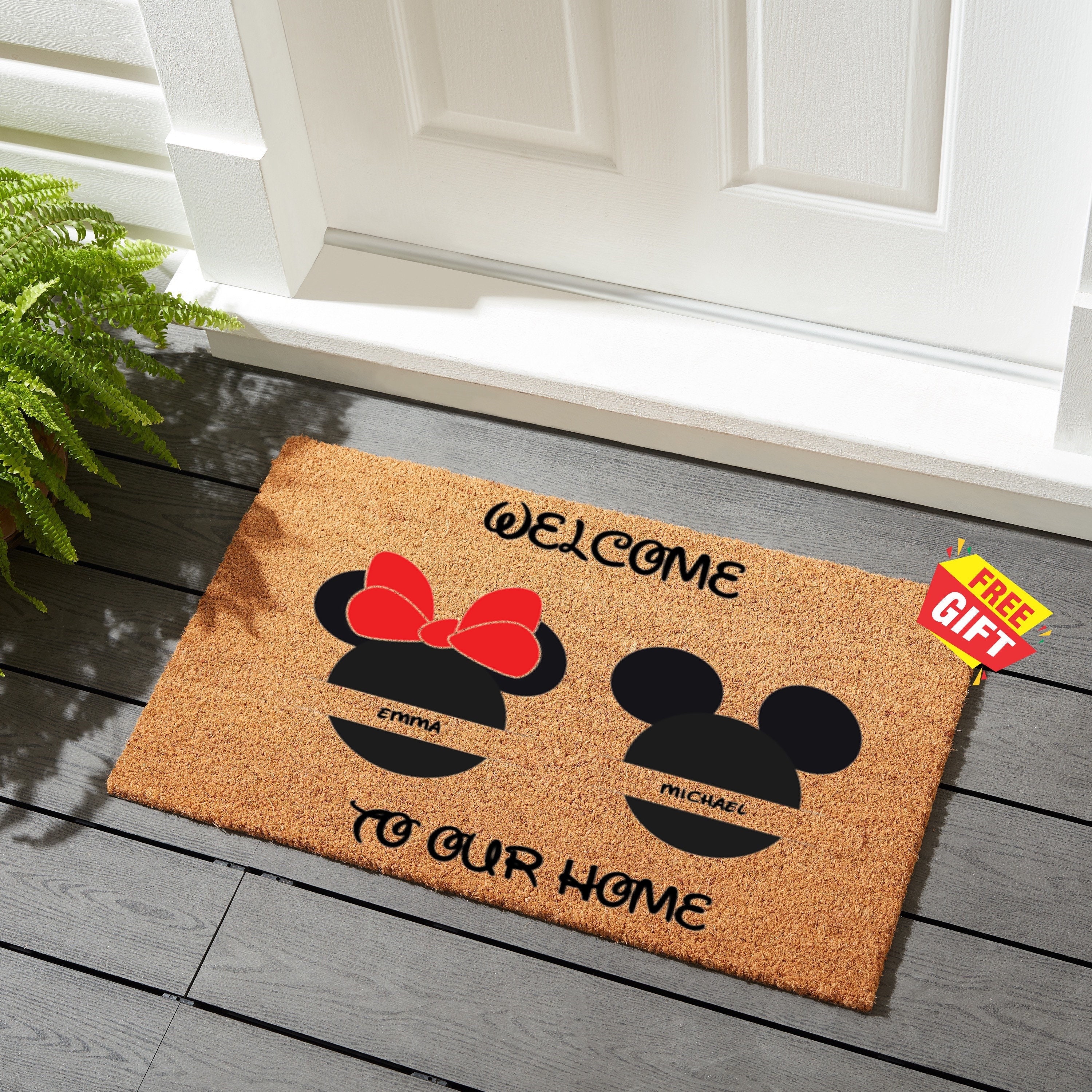 Discover Personalized Mickey Doormat, Minnie Silhoutte Rug, Mickey and Minnie Doormat Gift, Welcome To Our Home Mat