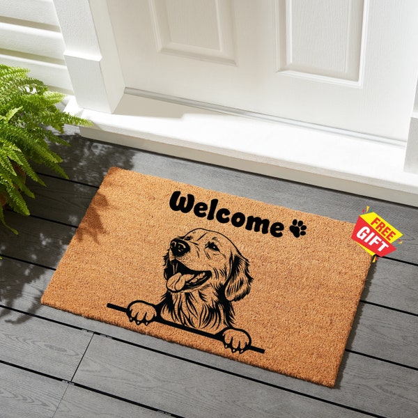 Zerbino di benvenuto Golden Retriever, tappeto di benvenuto Golden Retriever, tappetino per cani personalizzato, regalo per gli amanti dei cani, regalo perfetto per il proprietario del cane amante degli animali domestici