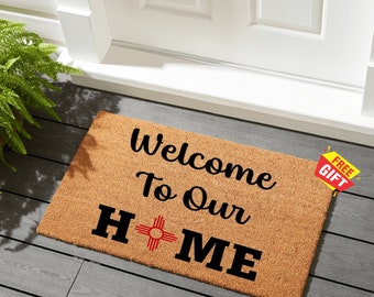 Welcome To Our Home Namaste Doormat, Zia Symbol Mat, Namaste Doormat, Funny Welcome Mat, Housewarming Gift, Front Doormat, Meditation Mat