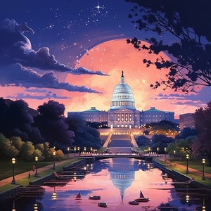 以下が含まれることがあります： 夕暮れ時のアメリカ合衆国国会議事堂の芸術的なイラスト。鮮やかな空には大きなオレンジピンクの月があり、水面に映っています。建物はライトアップされ、木々や街灯がシーンを彩っています。