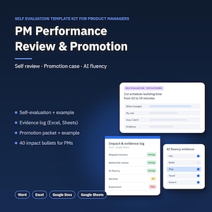Può includere: Un kit di modelli di autovalutazione per product manager intitolato PM Performance Review & Promotion. Include un registro delle prove, un pacchetto di promozione e 40 punti di impatto, con icone per Word, Excel, Google Docs e Google Sheets.