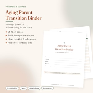 Ordner für alternde Eltern, Umzugsplaner für betreutes Wohnen, Ordner für Pflegepersonen (druckbar), Organisationshilfe für Senioren, bearbeitbare Word-, Google Docs- und PDF-Dateien