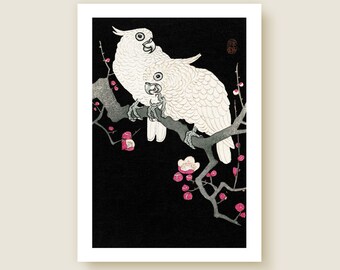 Two Cockatoos and Cherry Blossom - Vintage Japanese Painting Wall Art Poster Print