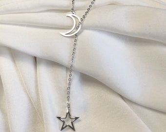 Collier chaîne lune étoile acier inoxydable doré et argenté fin élégant ajustable femme fille  cadeau St Valentin anniversaire Noël tendance