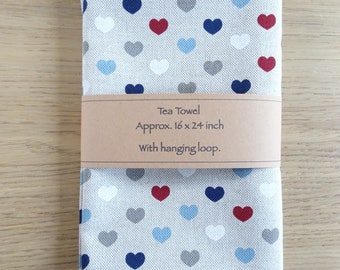 Hearts Tea Towel, Cotton Linen Look Fabric, Handmade Kitchen Decor, Ideal Gift