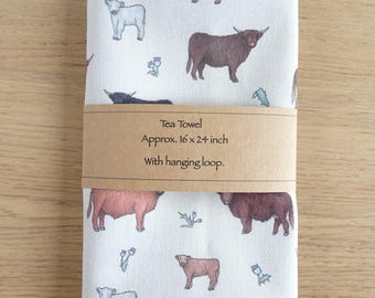 Highland Cows Tea Towel Handmade In Cotton Fabric with Hanging Loop Ideal Gift