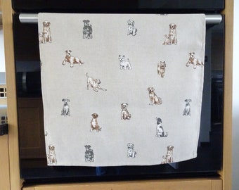 Dogs Tea Towel Handmade In Cotton Rich Linen Look Fabric Hanging Loop Ideal Gift