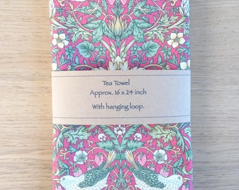 William Morris Tea Towel Handmade In Cotton Fabric with Hanging Loop Ideal Gift Strawberry Thief Crimson