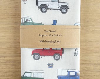 Land Rover Tea Towel Handmade In Cotton Fabric with Hanging Loop Ideal Gift