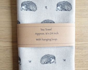 Hedgehog Tea Towel Handmade In Cotton Rich Linen Look Fabric With Hanging Loop Ideal Gift