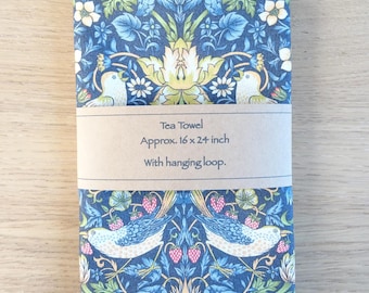 William Morris Tea Towel Handmade In Cotton Fabric with Hanging Loop Ideal Gift Strawberry Thief Navy