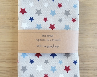 Star Tea Towel Handmade In Cotton Rich Linen Look Fabric Hanging Loop Ideal Gift