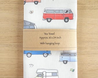 Campervan Tea Towel Handmade In Cotton Fabric with Hanging Loop Ideal Gift
