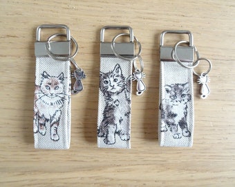 Cat / Kitten fabric key fob with metal charm, key ring, handmade gift, cat lover, stocking filler, house warming