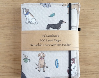 Dogs A6 Notebook Journal with handmade re-useable fabric cover, elastic enclosure, pen holder, ideal gift, handbag, desk.
