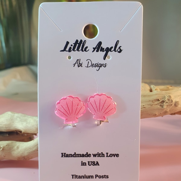 Girls earrings, clip on earrings, Hypoallergenic earrings, cute earrings, little girls jewelry, handmade in the US, pink sea shell,