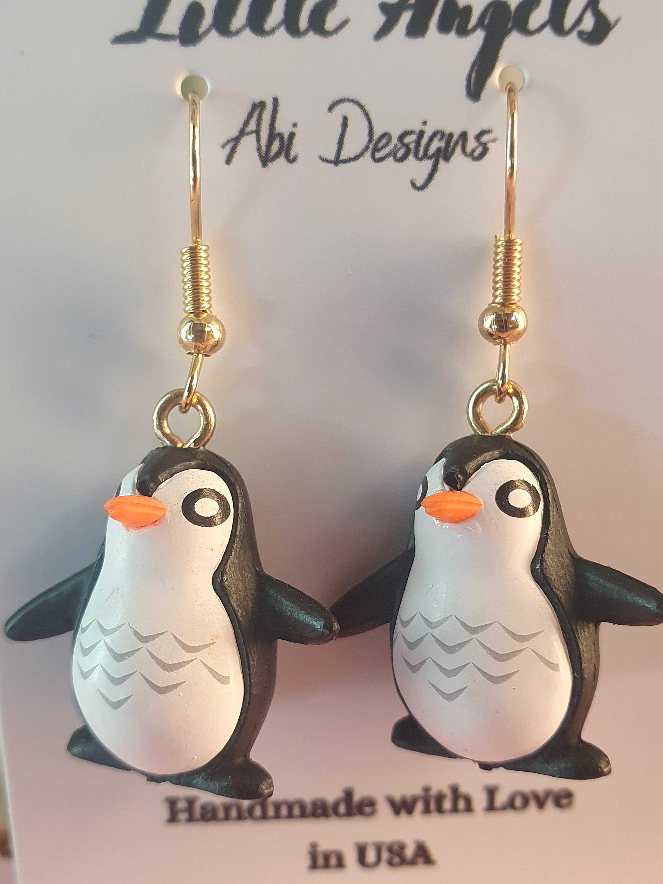 Cute Little Penguin Holding Blue Heart Stud Earrings