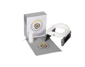 May include: A white portable potty seat with a grey base and a grey drawstring bag. The potty seat has a white lid and a grey handle. The bag has the words "El Potty" printed on it. The box has the words "El Potty" and "Potty for Toddler Travel" printed on it.