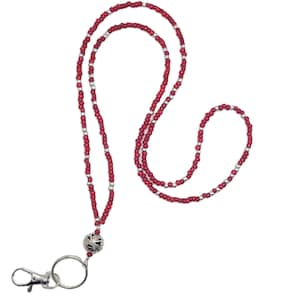 Red and Silver, Beaded Lanyard for Women, Badge, ID Holder, Keychain