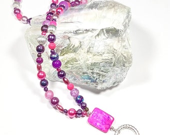 Purple, Dark Pink & Silver, Beaded Eyeglass Sunglass Chain Holder Necklace, Loop