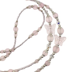 Light Frosted Pink Butterflies, Beaded Lanyard for Women, Badge, ID Holder