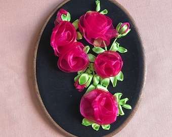 Rose ribbon embroidery/ finished embroidered hoop for home wall decor/ Mother’s day gift/ 3D embroidery / floral embroidery