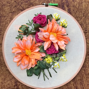 Flower bunch ribbon embroidery/ finished embroidered hoop art for home wall decor/ housewarming gifts/ floral embroidery/ nursery embroidery