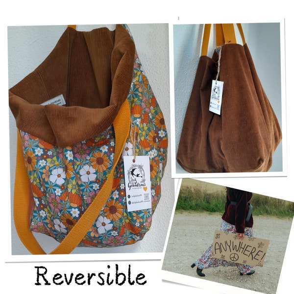 Sac réversible en velours côtelé fait main marron caramel et coton imprimé fleurs hippie bohème vegan