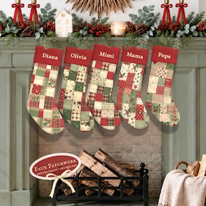Custom Patchwork Christmas Stocking Personalized Vintage Quilt Style Velvet Stocking Heirloom Family Mantel Decor Traditional Xmas Gift