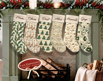 Calcetín navideño personalizado de terciopelo nórdico, diseño bohemio neutro escandinavo, decoración navideña, regalos navideños únicos hechos a mano para la familia.