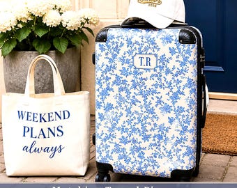 Personalized Blue Toile Monogram Luggage Custom Rolling Hard-shell Suitcase Carry On Cabin Bag Graduation Gift College Travel