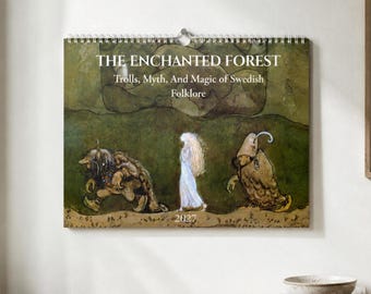 May include: A wall calendar titled The Enchanted Forest: Trolls, Myth, And Magic of Swedish Folklore, featuring a green-toned illustration of two trolls and a figure with long white hair, with the year 2027 printed at the bottom center.