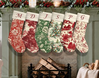 Velvet Toile Christmas Stocking Personalized Monogram William Morris Family Name Gift Handmade Farmhouse Vintage Decor Elegant Holiday ideas